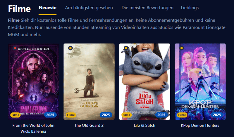 Bildschirmfoto der Filmpalast Benutzeroberflaeche die verschiedene Filmtitel und Serienepisoden anzeigt